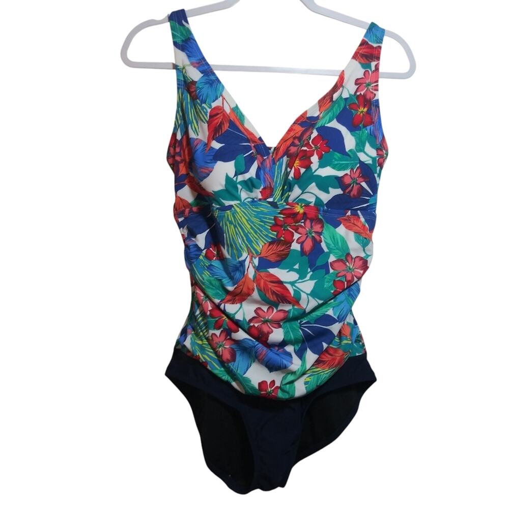 Croft & Barrow Blue Floral Print Ruched One-Piece Vacation Resort Size 14